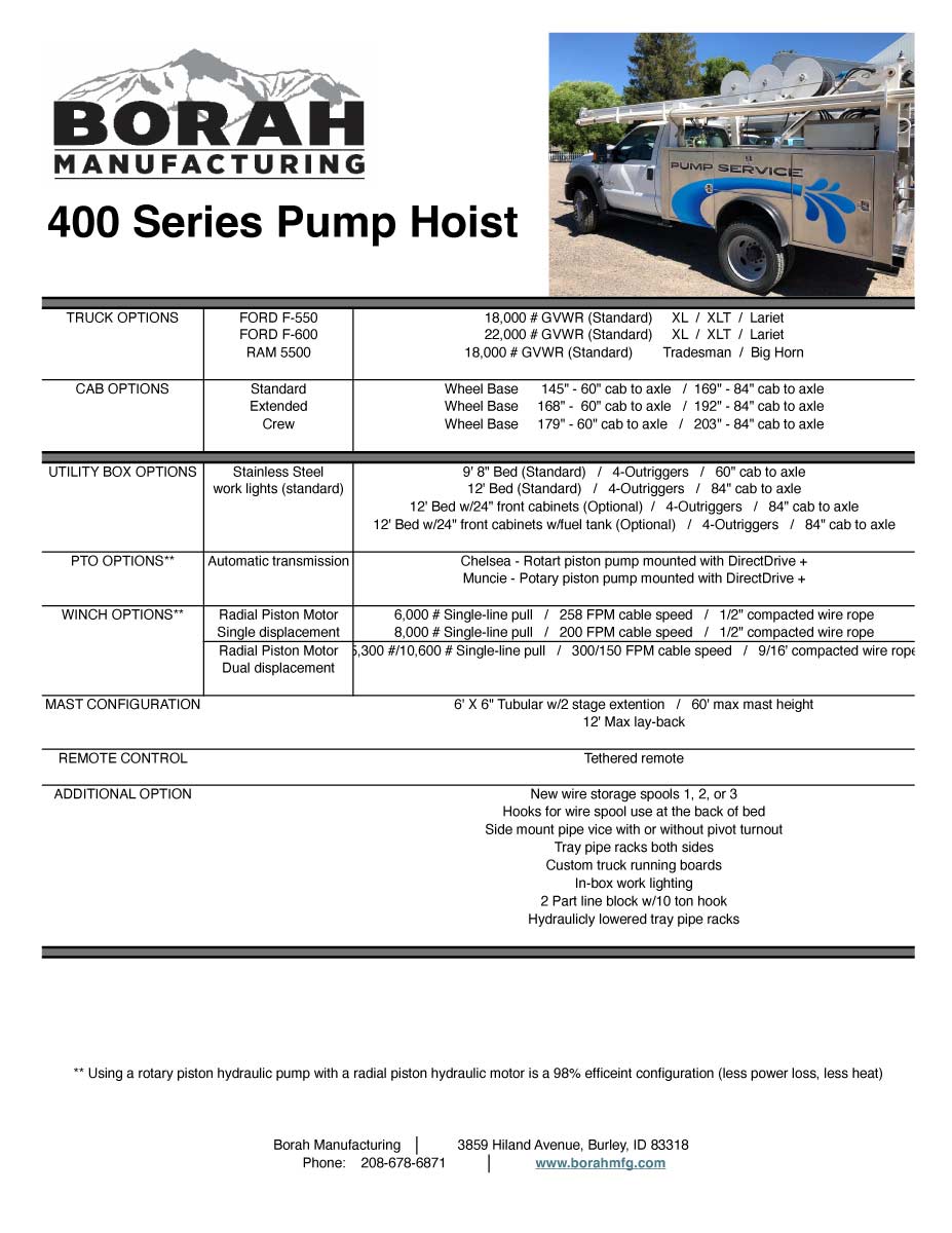400 Series Pump Hoist Line Card Specs